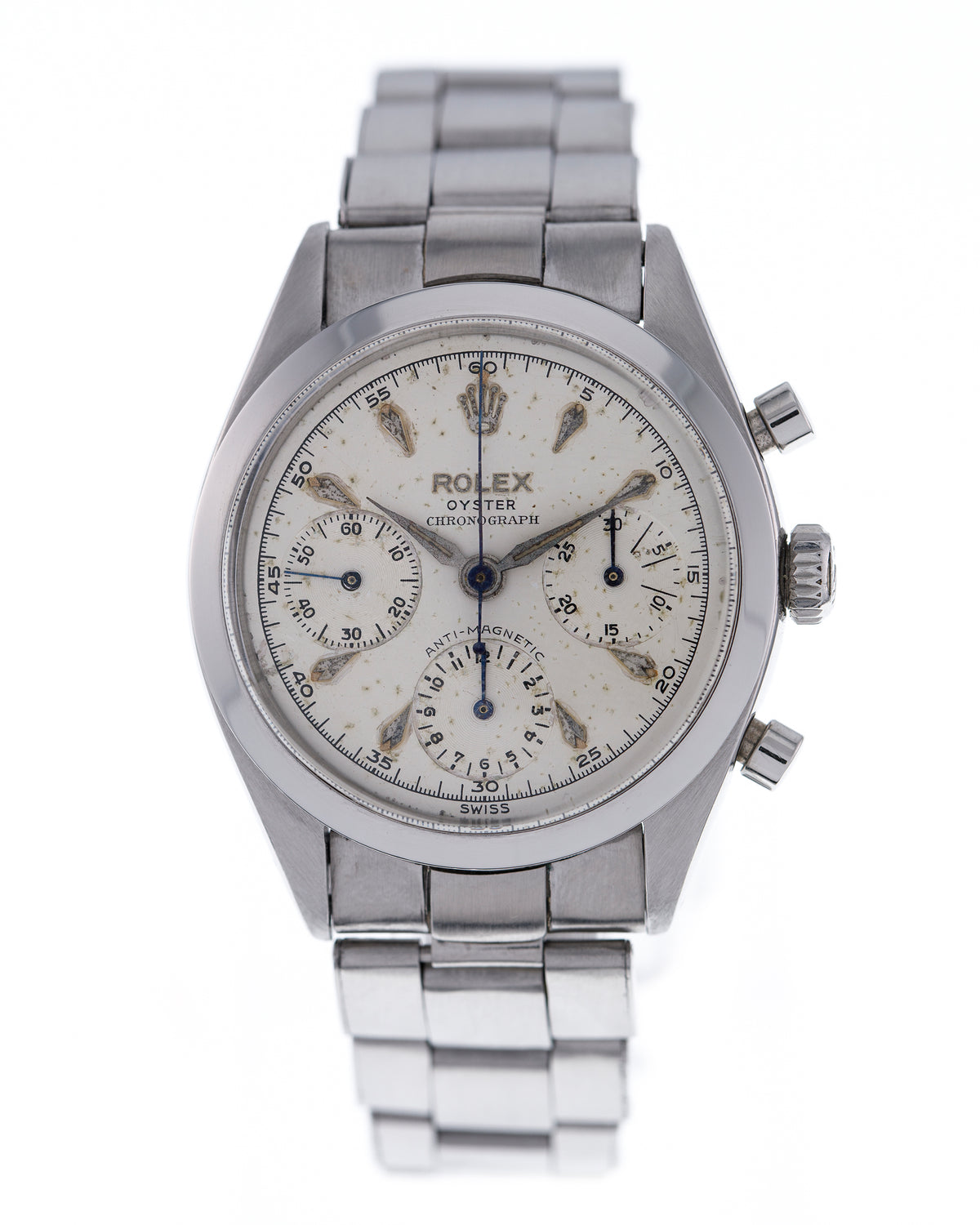 Ref. 6234 Case: water resistant 36 mm in stainless steel, screw back and crown, rounded pushers and flat bezel with Oyster Rolex bracelet.