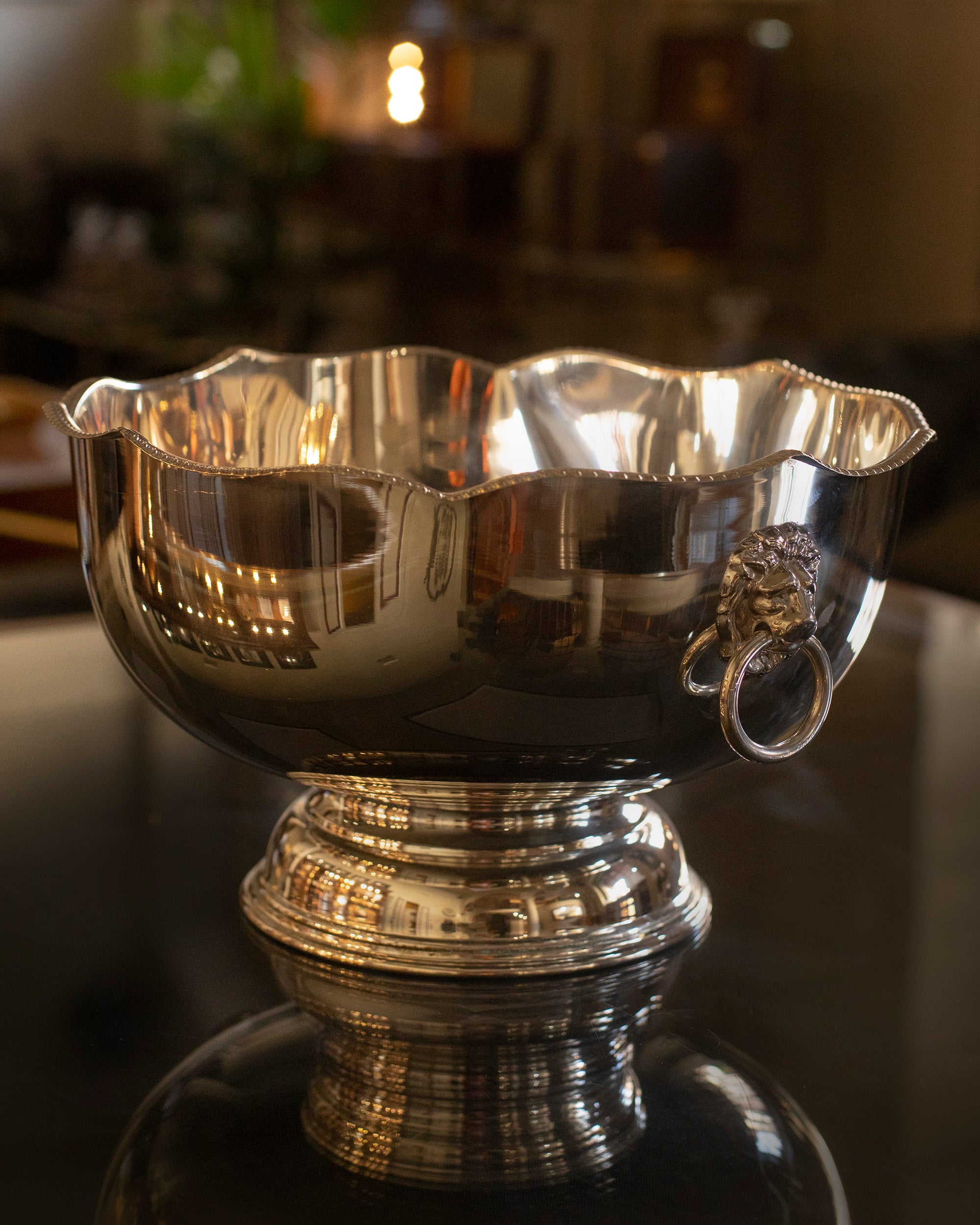 Silver on copper Rose Bowl with Lion Handles