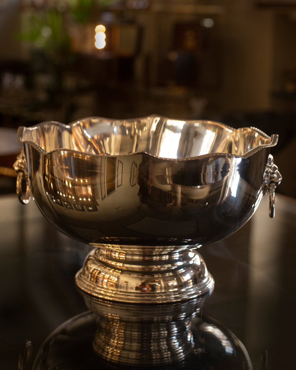 Silver on copper Rose Bowl with Lion Handles