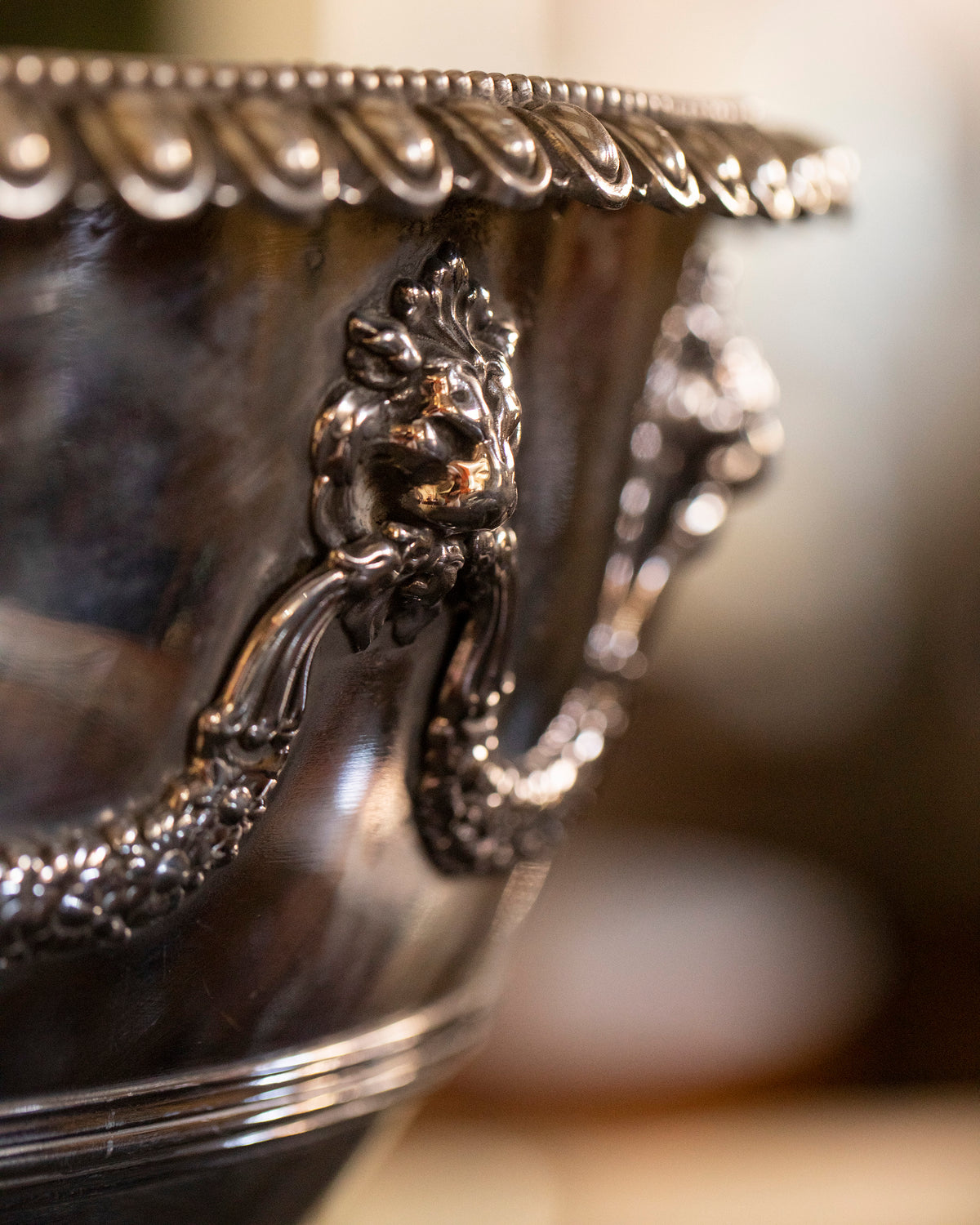 Silver on copper Rose Bowl with Lions decoration