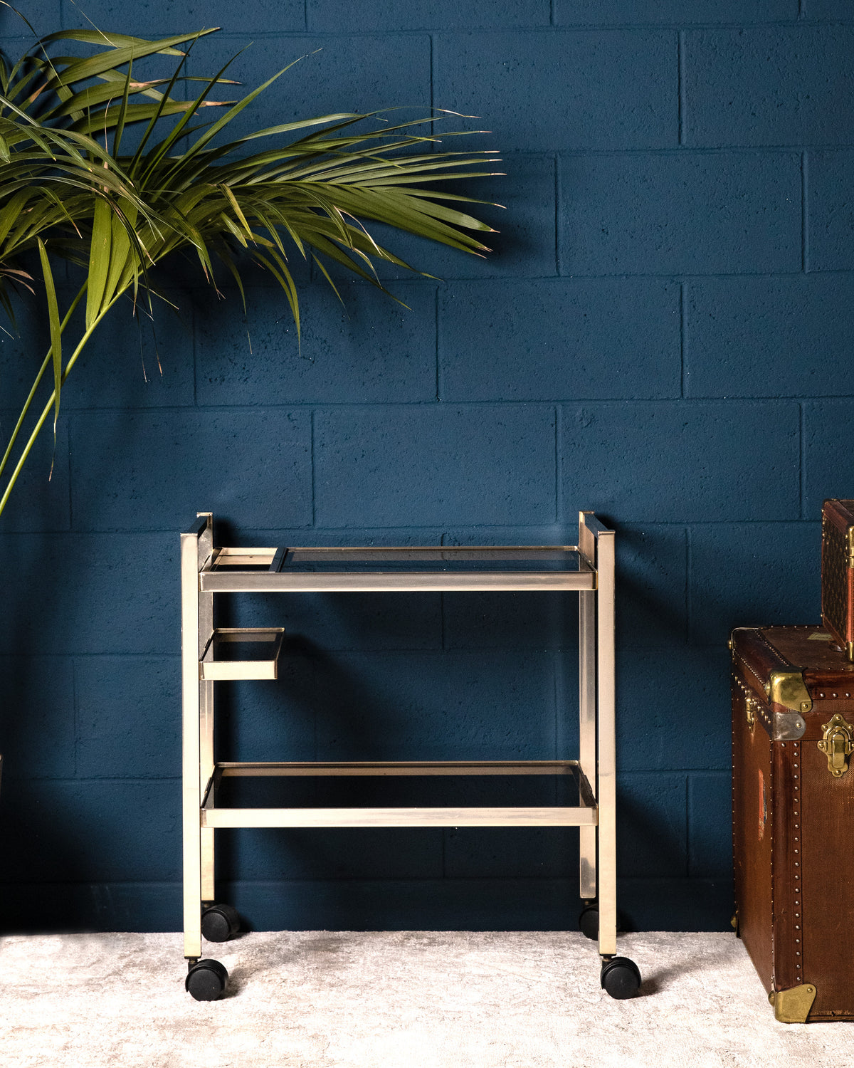 Gold Brass Bar Cart with &quot;Maron Glacé&quot; glasses