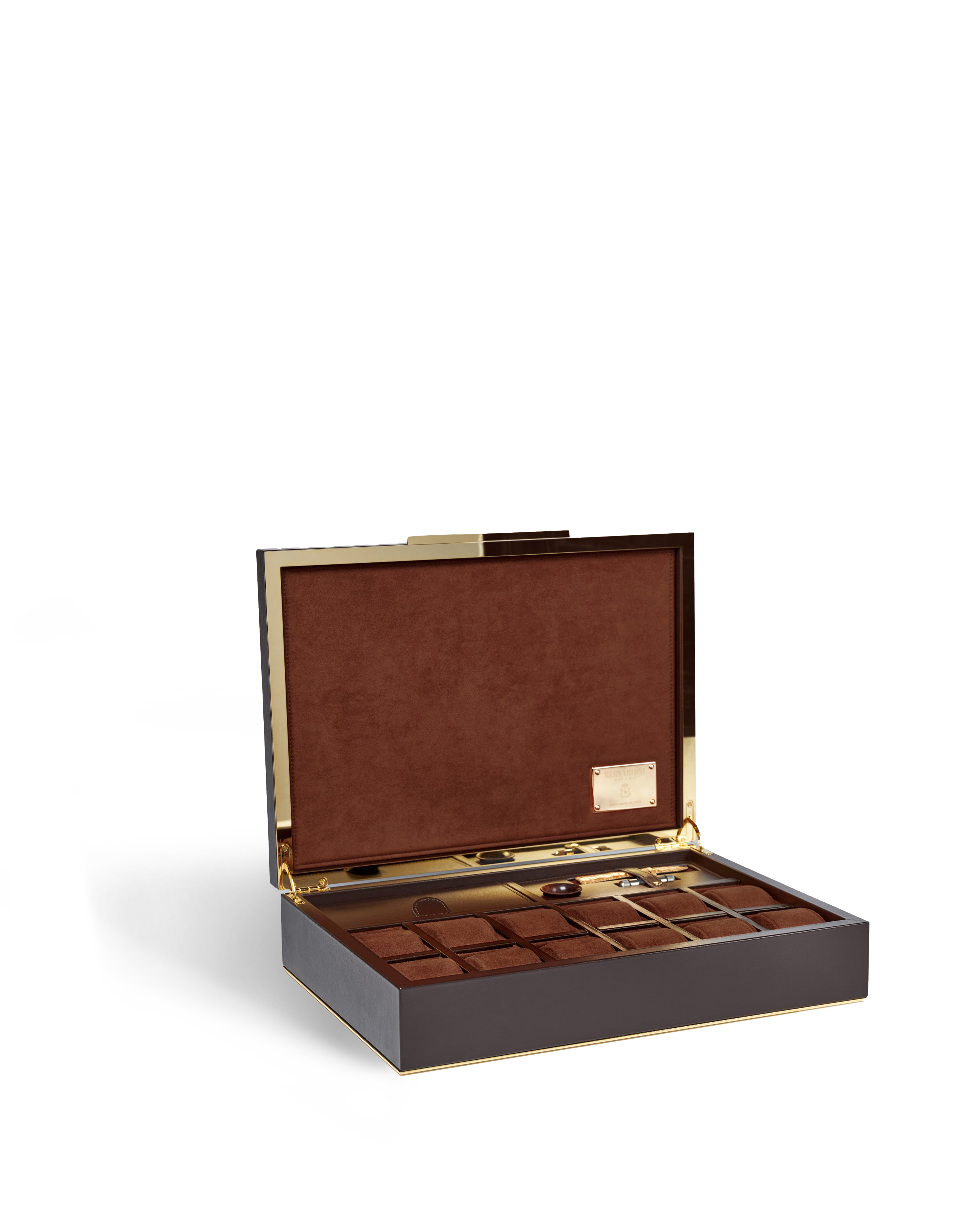Bernardini Watch Holder - Deep Brown leather and Havana alcantare with yellow gold metal details